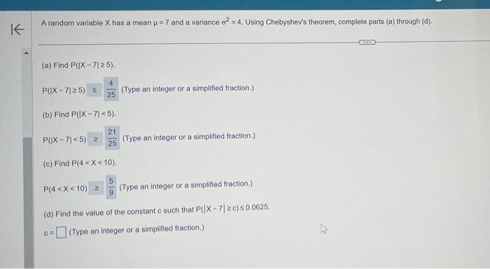 Solved A random variable X has a mean μ=7 and a variance | Chegg.com