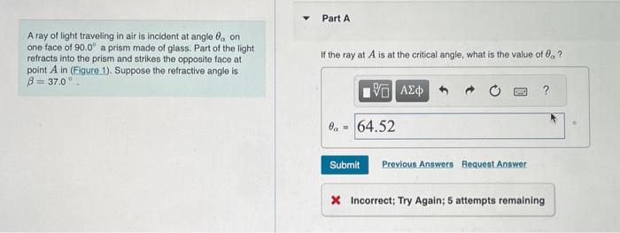 Solved A ray of light traveling in air is incident at angle | Chegg.com