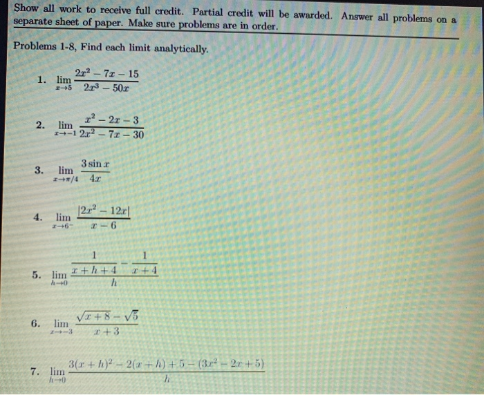 Solved Show all work to receive full credit. Partial credit | Chegg.com
