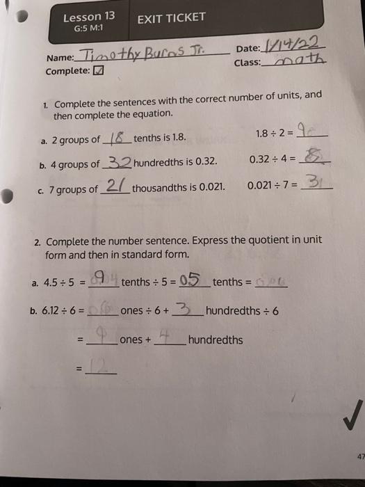 Solved Lesson 13 G:5 M:1 EXIT TICKET Name: Timothy Bucos Ti. | Chegg.com