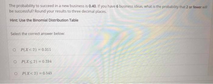 Solved The probability to succeed in a new business is 0.40. | Chegg.com
