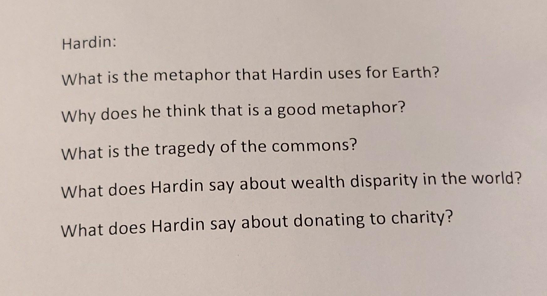 Hardin What is the metaphor that Hardin uses for
