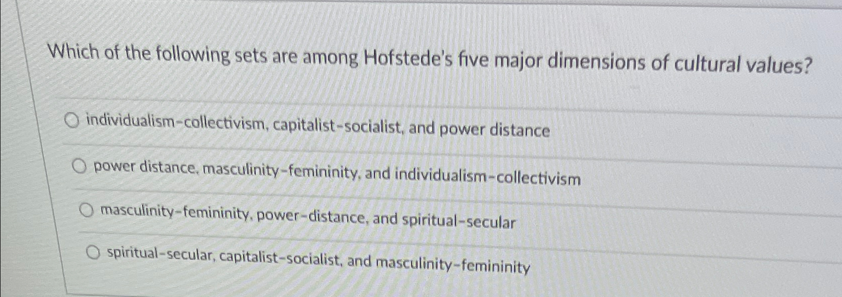 which of the following is one of hofstede's five dimensions of culture