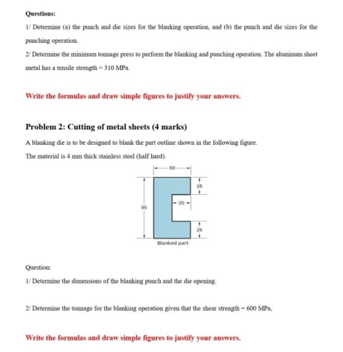 Solved Questions 1/ Determine (a) the punch and die sizes