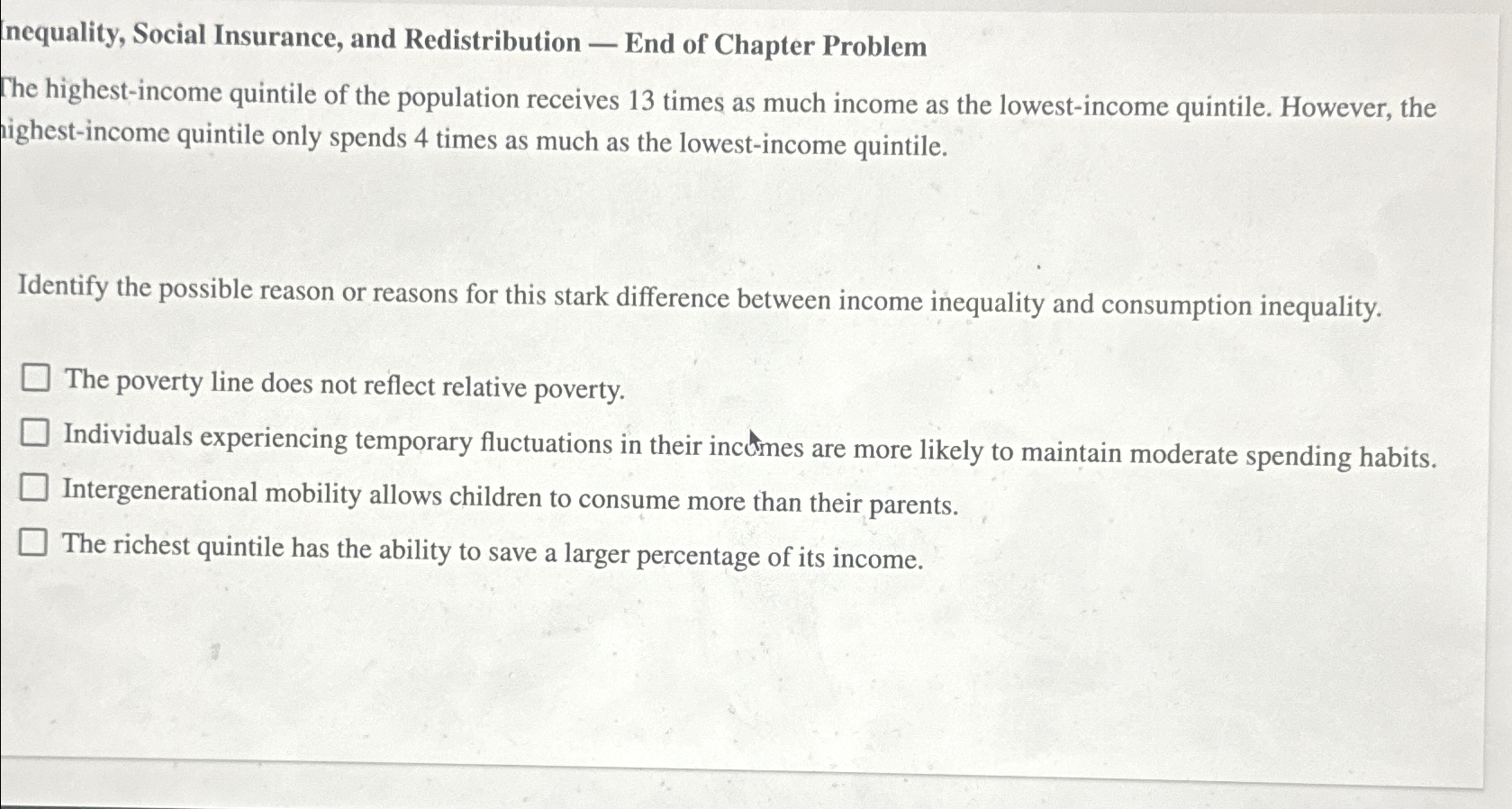 Solved Inequality, Social Insurance, and Redistribution - | Chegg.com
