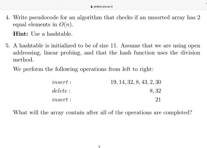 Solved yedion.jce.ac.il 4. Write pseudocode for an algorithm | Chegg.com