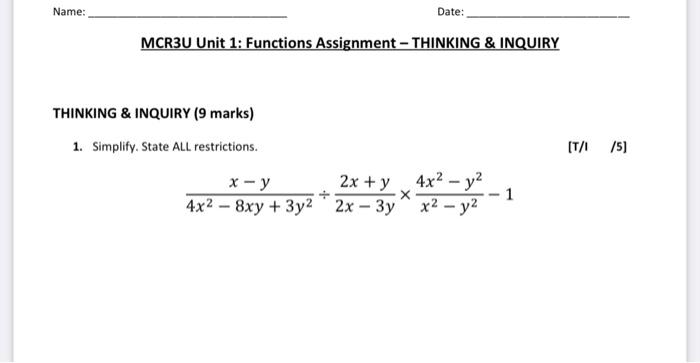 Solved Name: MCR3U Unit 1: Functions Assignment - THINKING & | Chegg.com