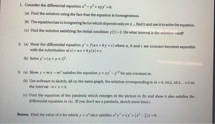 Solved 1. Consider the differential equation x2 - y2 + xyy' | Chegg.com