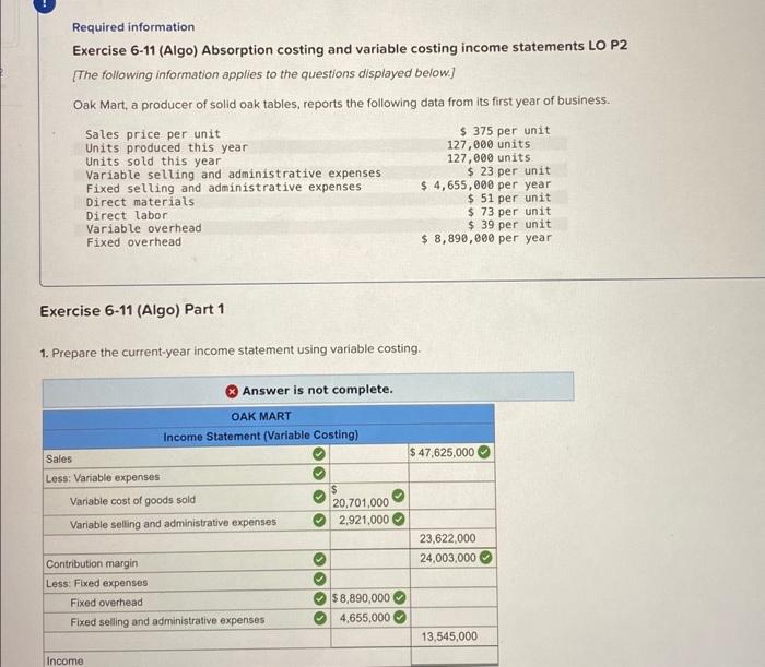 Solved Required Information Exercise 6-11 (Algo) Absorption | Chegg.com