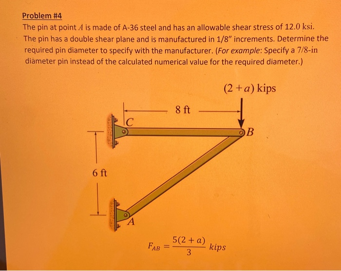 Mech Engineering Pin Problem Solved Problem #4 The pin at point A is made of A-36 steel | Chegg.com