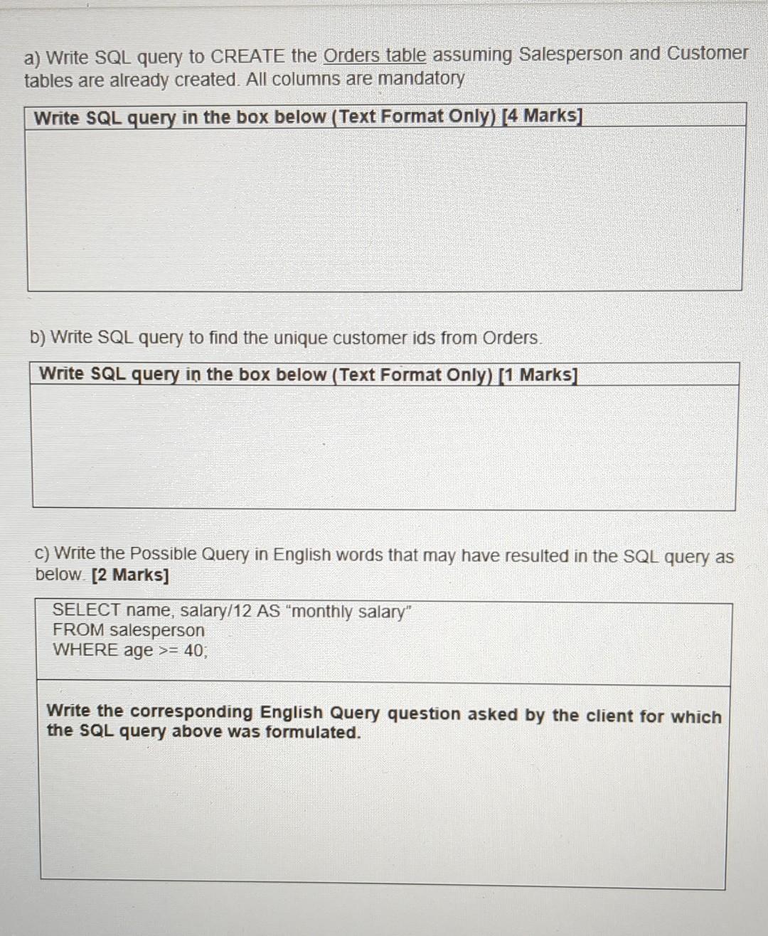 Solved Salesperson Customer Ordersa) Write SQL query to | Chegg.com
