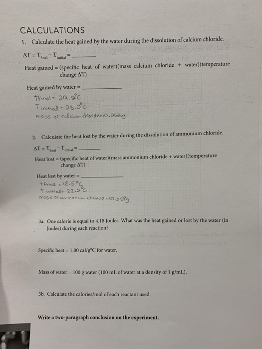 Solved CALCULATIONS 1. Calculate the heat gained by the | Chegg.com