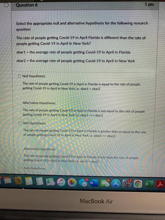 Solved Question 6 5 pts Select the appropriate null and | Chegg.com