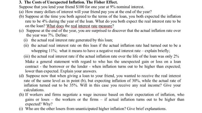 Solved 3. The Costs of Unexpected Inflation. The Fisher | Chegg.com