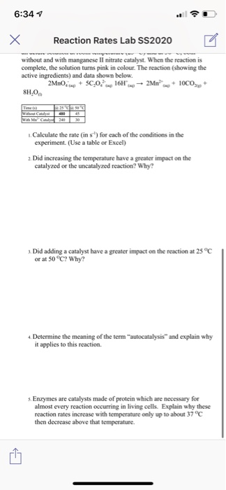 Lab 4 Reaction Rates 6:34 1 Х Reaction Rates Lab SS2020 Chemistry 12. | Chegg.com