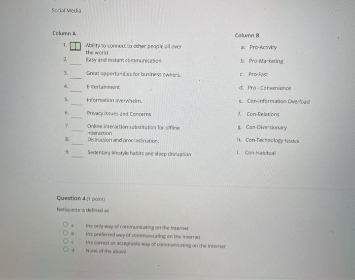 Solved Social Media Column A Column B 1. a. Pro-Activity | Chegg.com
