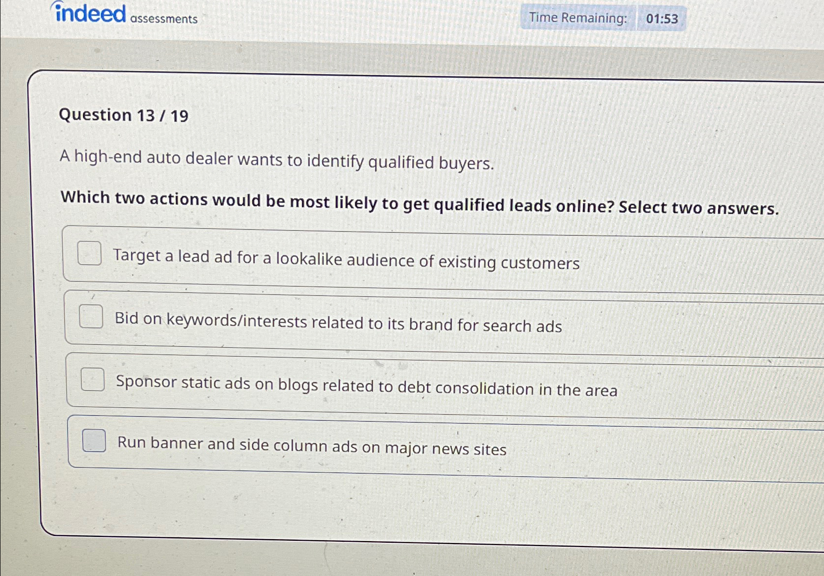 Solved indeed assessmentsTime Remaining:Question 13/19A | Chegg.com