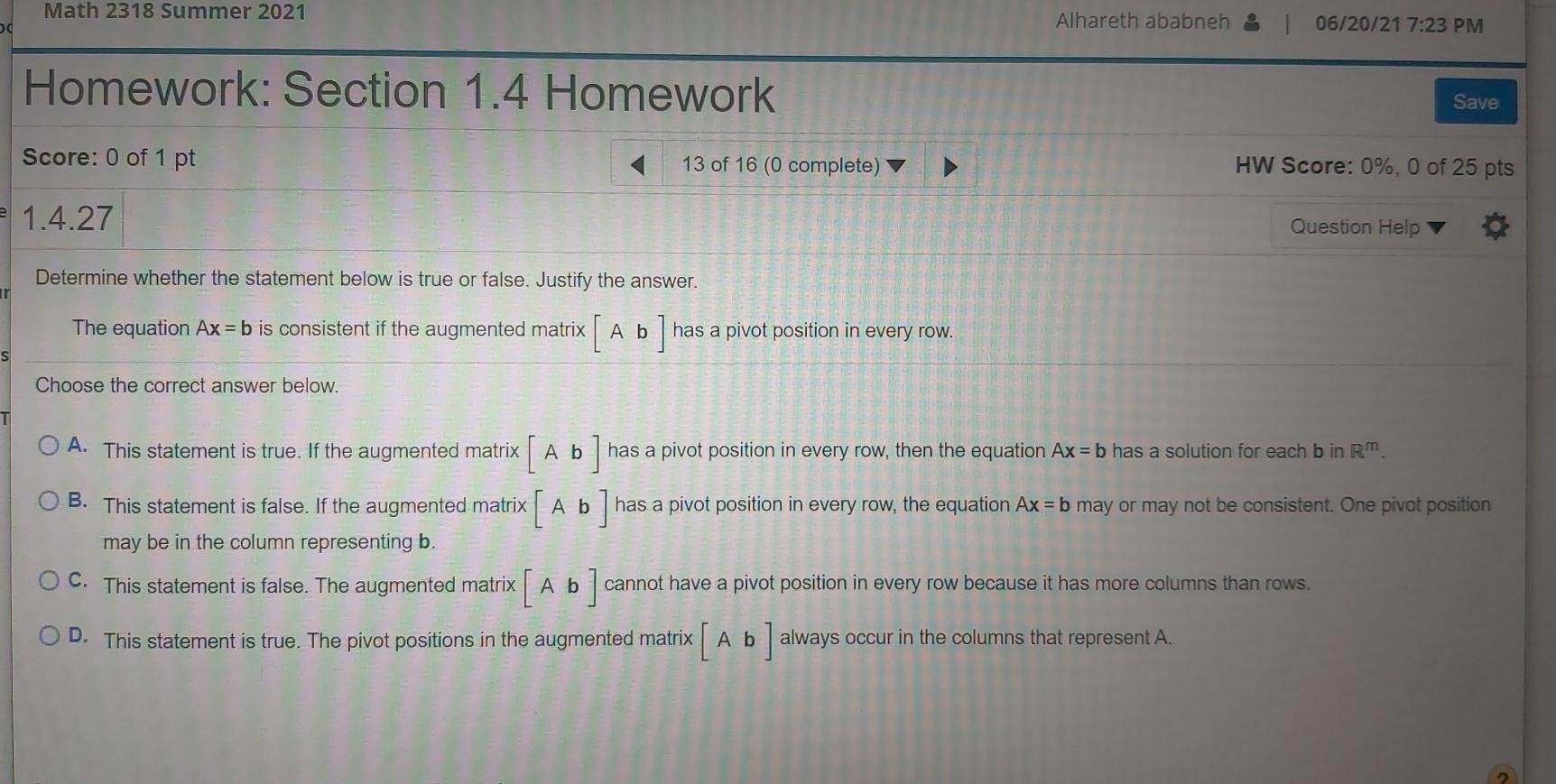 Solved Math 2318 Summer 2021 od Alhareth ababneh : 06/20/21 | Chegg.com