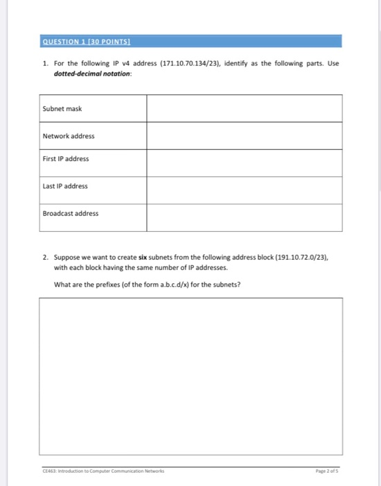 Solved QUESTION 1 (30 POINTS! 1. For the following IP v4 | Chegg.com