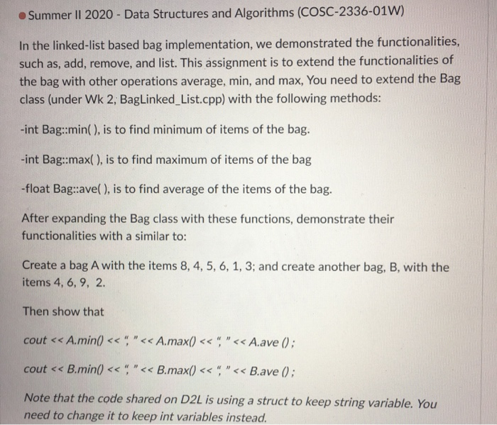 Solved Summer II 2020 - Data Structures and Algorithms | Chegg.com
