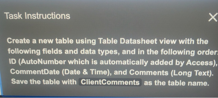 Solved Task Instructions Create a new table using Table | Chegg.com