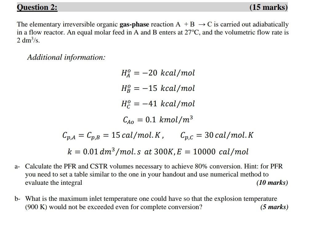 Solved Question 2: (15 marks) The elementary irreversible | Chegg.com