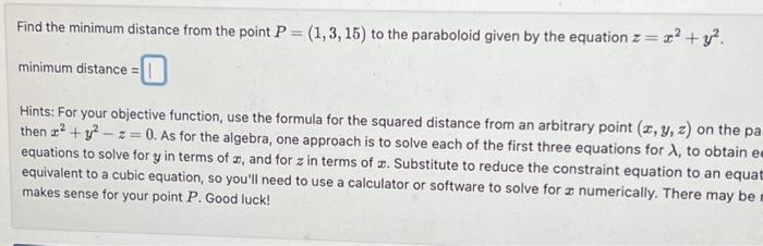 Solved Find the minimum distance from the point P = (1, 3, | Chegg.com