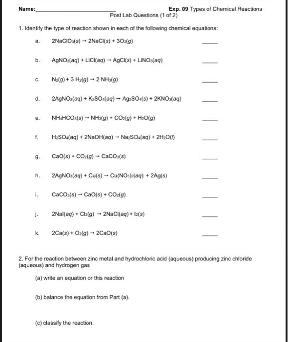 Solved Name Exp. 09 Types of Chemical Reactions Post Lab Chegg