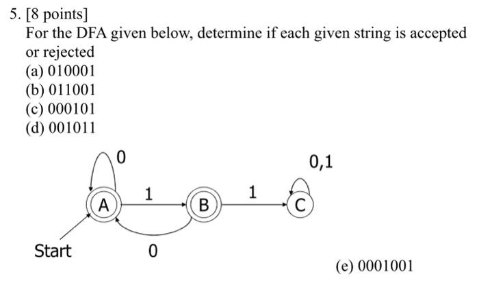 Solved 5. [8 points ] For the DFA given below, determine if | Chegg.com