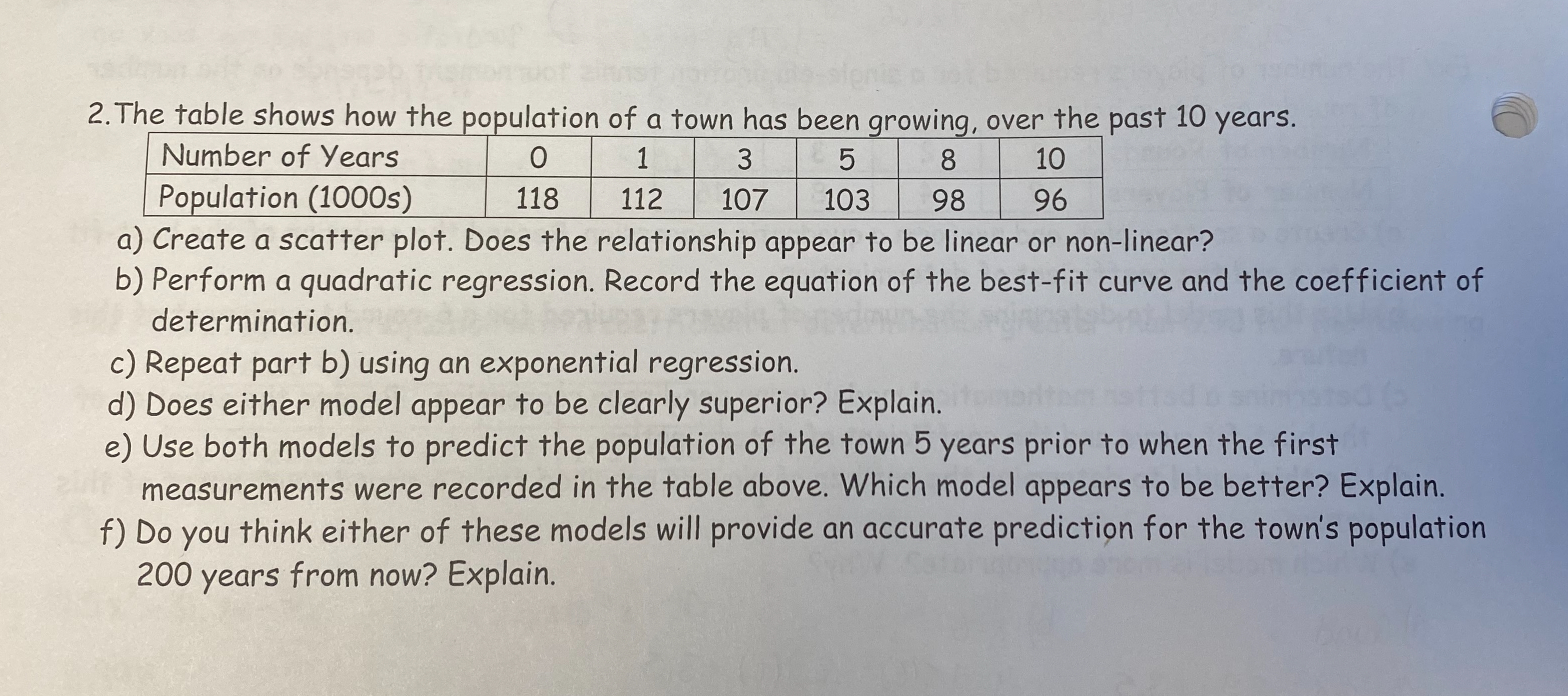 Solved The table shows how the population of a town has been | Chegg.com