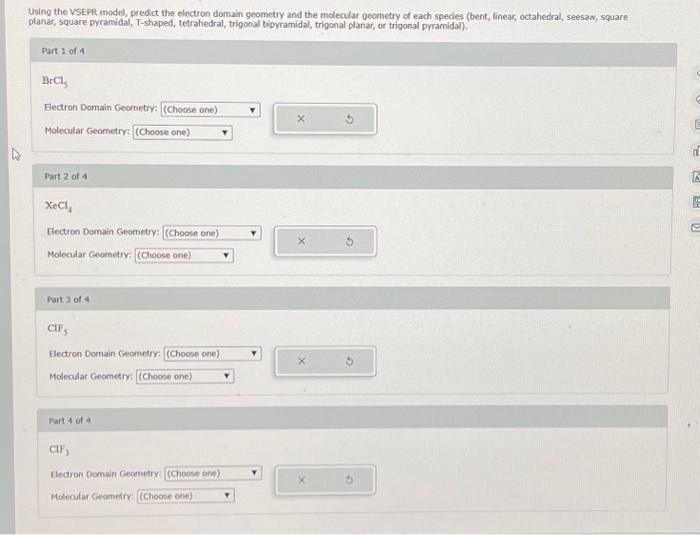 Solved Using The VSEPR Model Predict The Electron Domain Chegg Com