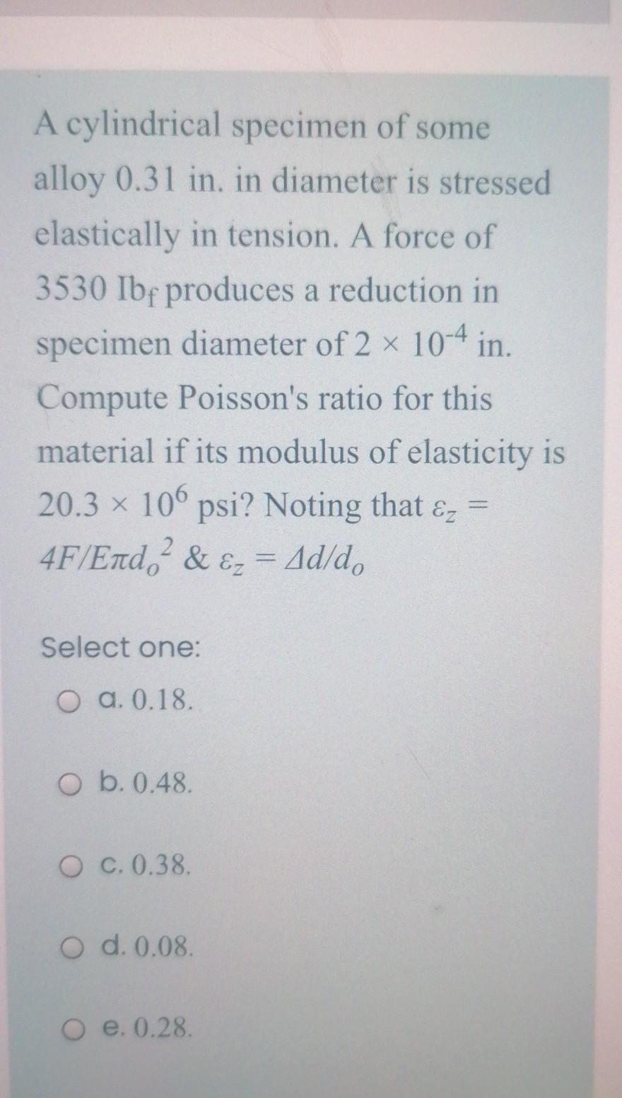 Solved A cylindrical specimen of some alloy 0.31 in. in | Chegg.com