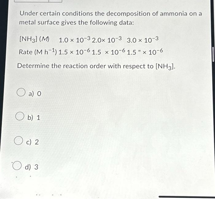 Solved Under certain conditions the decomposition of ammonia | Chegg.com