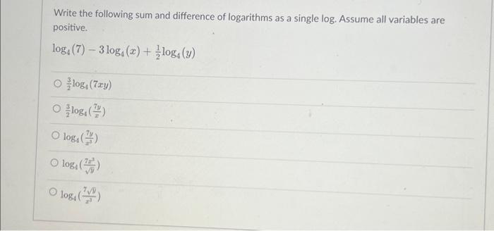 Solved Write the following sum and difference of logarithms | Chegg.com