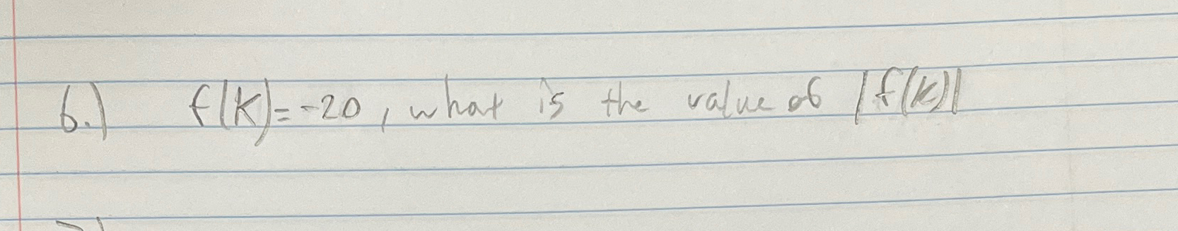 Solved 6.) f(k)=-20, ﻿what is the value of |f(k)| | Chegg.com