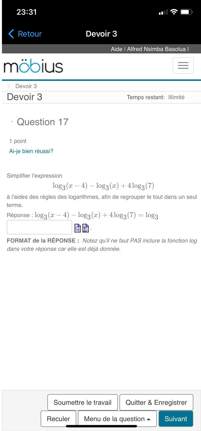 Solved 23:31RetourDevoir 3Aide | ﻿Alfred Nsimba Basolua | Chegg.com