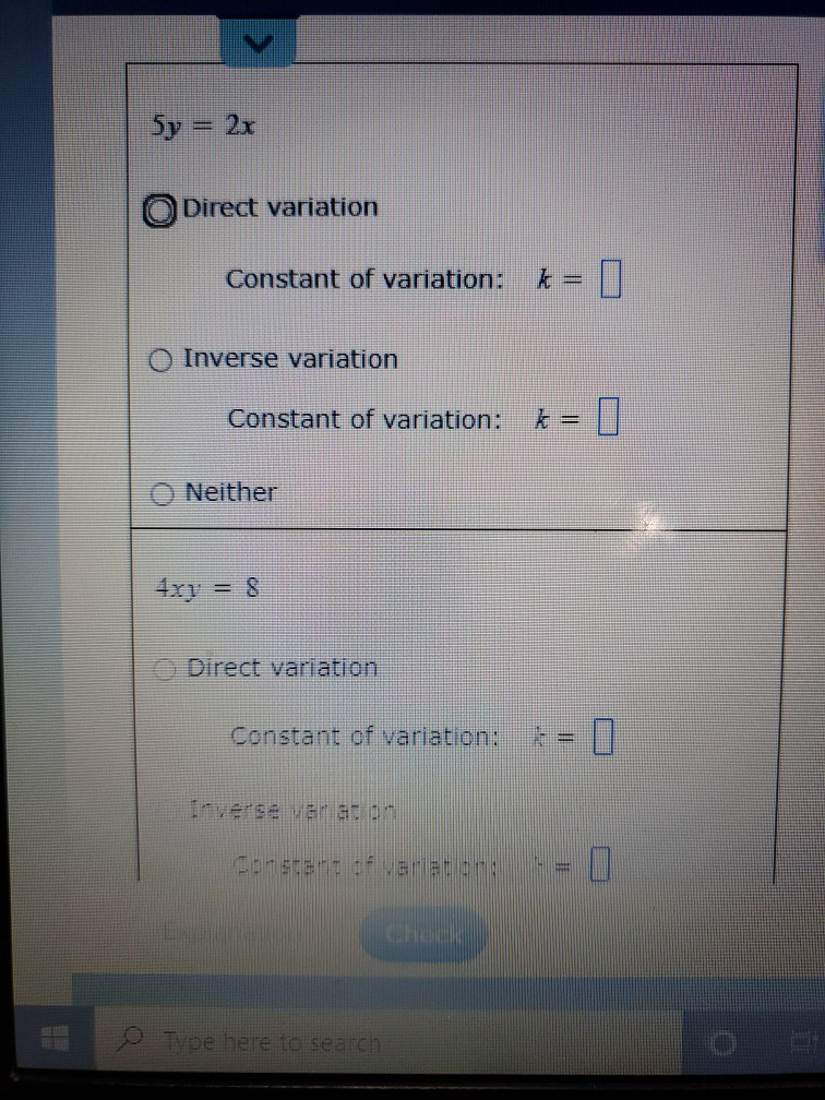 Solved 5y = 2x Direct variation Constant of variation: k= | Chegg.com