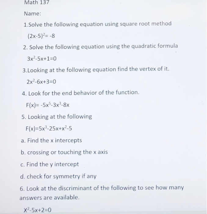 Solved Math 137 Name 1 Solve The Following Equation Usin Chegg Com