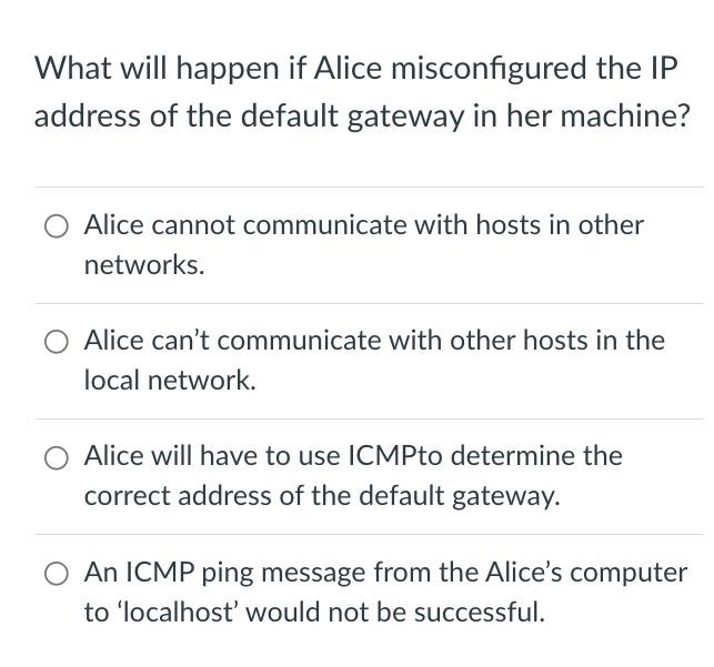 Solved What will happen if Alice misconfigured the IP | Chegg.com