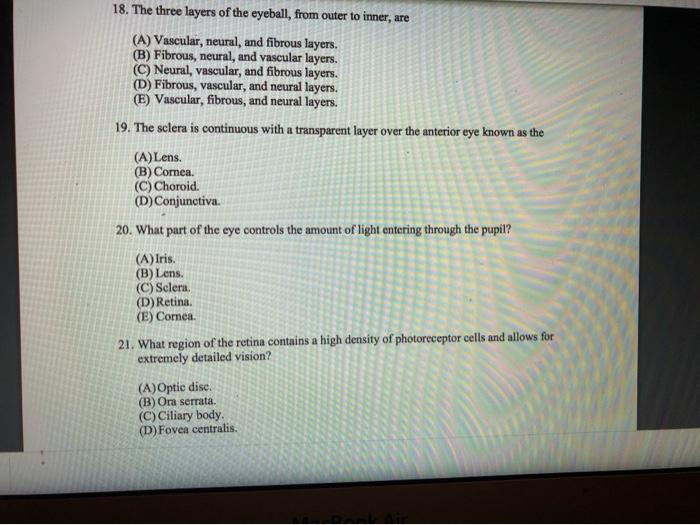 Solved 18. The three layers of the eyeball, from outer to