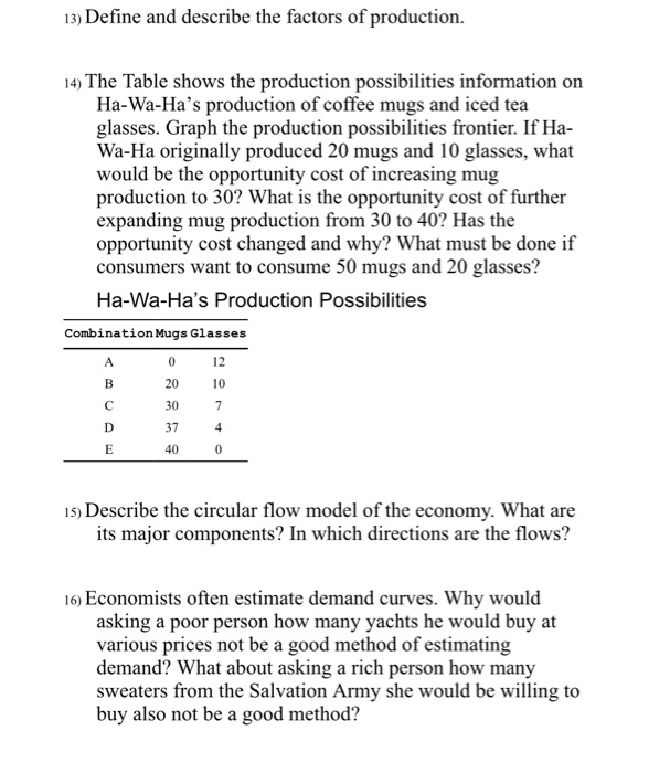 Solved 13) Define and describe the factors of production 14) | Chegg.com