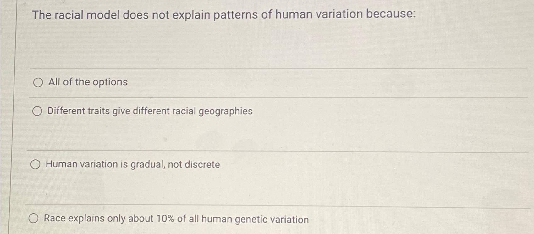 Solved The racial model does not explain patterns of human | Chegg.com