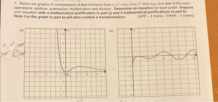 7. Below are graphs of combinations of two functions from \( x, x^{2}, \sin x, \cos x, 2^{x} \) and \( \log x \) and one of t