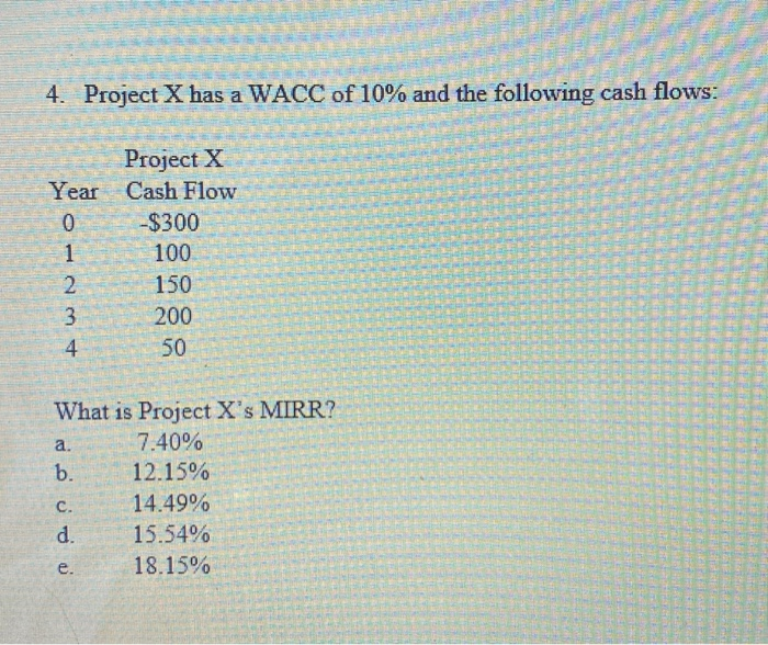Solved 4. Project X has a WACC of 10% and the following cash | Chegg.com