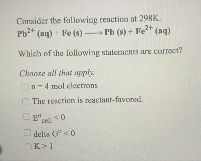 Solved Consider The Following Reaction At 298 K Cu2 Aq