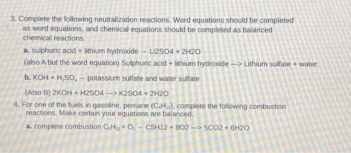 Solved 3. Complete the following neutralization reactions. | Chegg.com