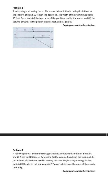 Solved Problem 1 A swimming pool having the profile shown | Chegg.com