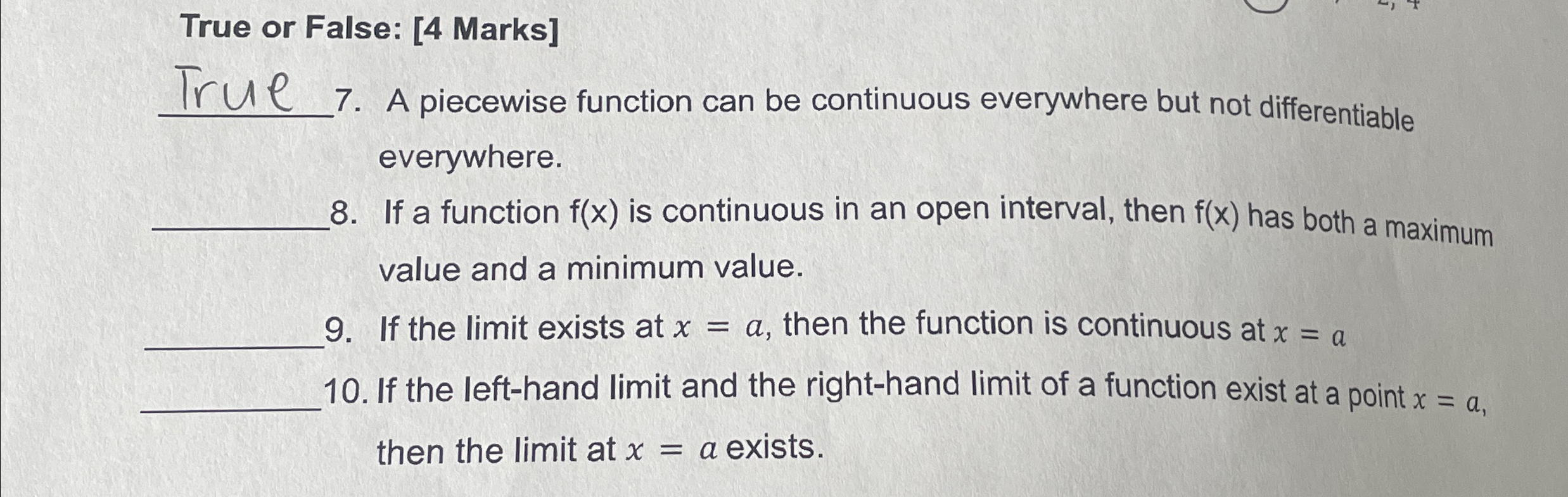 Solved True or False: [4 ﻿Marks] 7. ﻿A piecewise function | Chegg.com