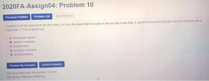 Solved 2020FA-Assign04: Problem 10 Previous Problem Problem | Chegg.com