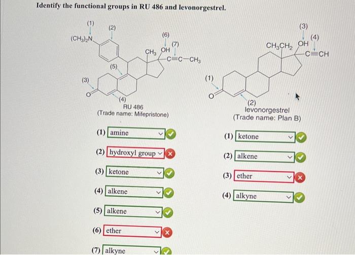Identify the functional groups in RU 486 and levonorgestrel.